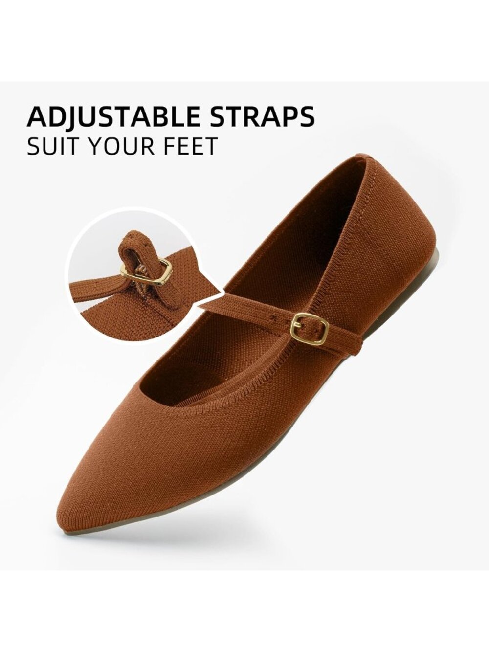 Women's Brown Comfortable Pointed Toe Adjustable Strap Knit Ballet Flat Shoes - Picture 6 of 6